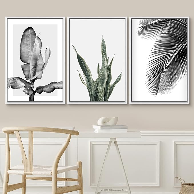 SIGNWIN Framed Canvas Print Wall Art Trio of Jungle Palms & Snake Succulents Floral Plants Photography Modern Art Minimalist Black and White for Living Room, Bedroom, Office - 24"x36"x3 White