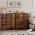 Fluted Nightstand, 24" Wide Side Table with 3 Large Storage Drawers, Mid Century Modern Wood Night Stand with Metal Handle, Wooden Bedside End Table for Bedroom, Living Room, Closet, Walnut