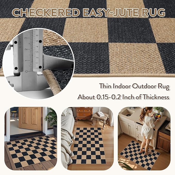 Lahome Checkered Easy Jute 2x3 Rug, Small Entryway Rug Non Slip Kitchen Front Door Mat, Farmhouse Neutral Area Rug Non Shedding Low Pile Floor Carpet for Foyer Porch Doorway