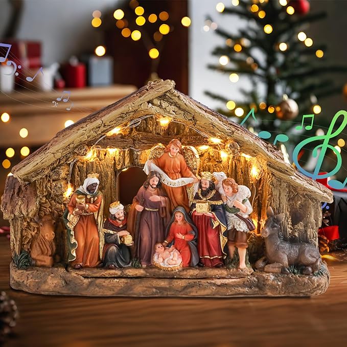 Bdor Nativity Scene Christmas Decoration, 11.4x3.5x7 Inch Lighted Jesus Birth Display, Holy Family Christmas Tabletop Decoration, Electric Manger Scene with LED Lights