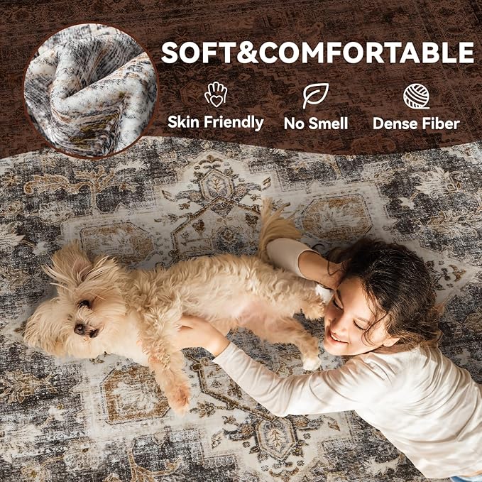 6 ft Round Rugs for Living Room Bedroom Rug Circle Area Rug for Dining Room Table Throw Vintage Circular Rugs Washable Soft Comfortable Brown