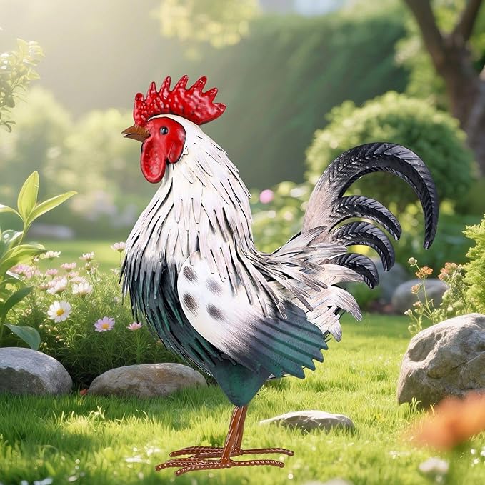 Rooster Garden Statue Sculpture Metal Chicken Yard Decor Outdoor Figurines Patio Backyard Decoration