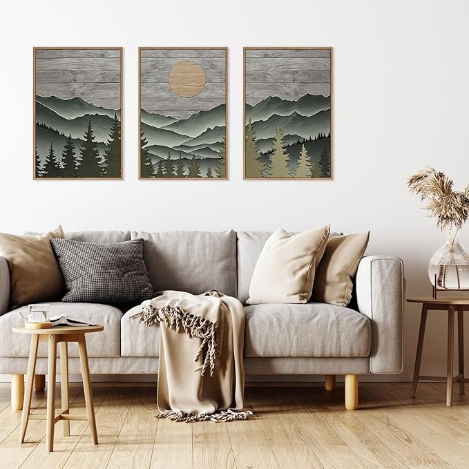 HLNIUC Mountain Framed Canvas Wall Art,Large Green Forest Woodcut Wall Decor Set of 3(16”x24”)Abstract Sun Forest Pine Trees Wall Painting,Rustic Sun Nature Landscape Art Print for Living Room,Bedroom