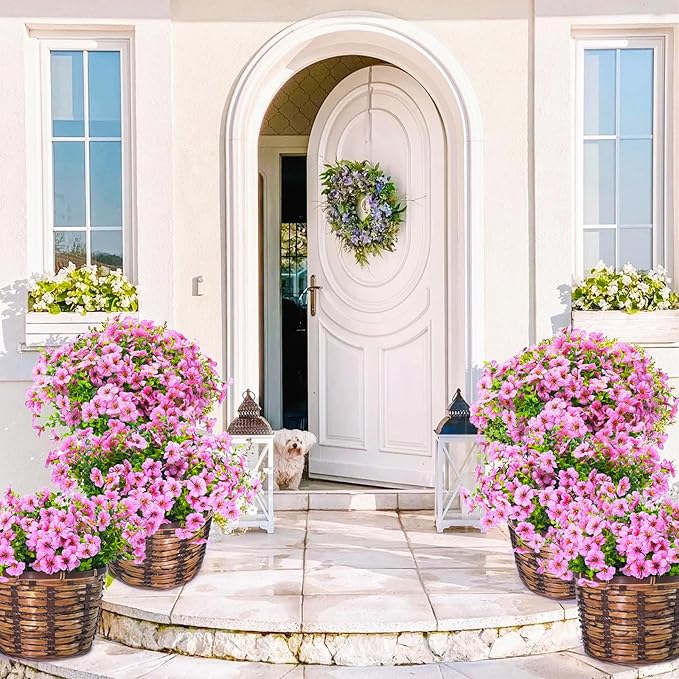 24 Bundles Artificial Flowers for Outdoors & Indoors – UV Resistant Faux Plastic Plants for Garden, Patio, Porch, Window Box, Home Decor – Lush & Vibrant Fake Flowers, Pink