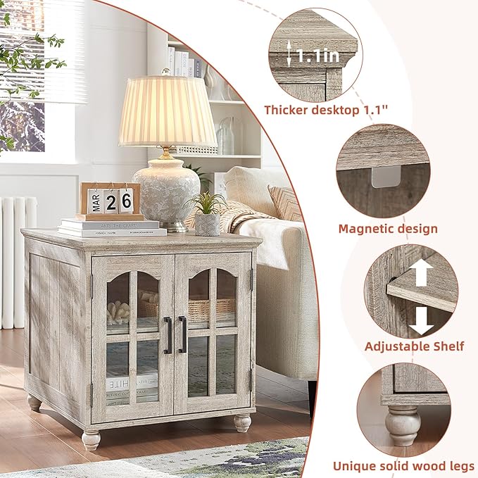 Farmhouse End Table Set of 2 with Charging Station, 18'' Narrow Side Table and 24" Large Sofa Table with Glass Barn Door Storage, Wood Night Stand Bedside Cabinet for Living Room,Bedroom