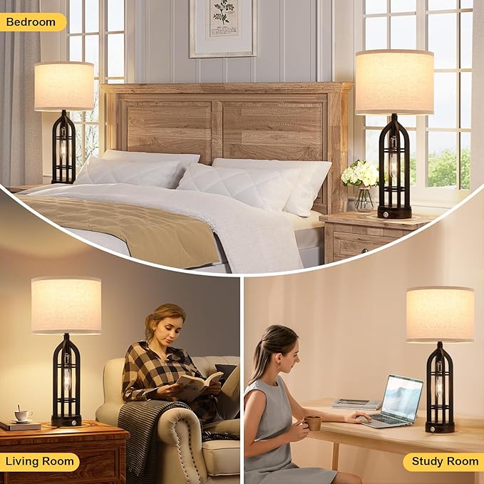 Seealle Table Lamps for Living Room Set of 2 - Black Bedside Lamp for Bedroom with USB C+A & Outlet, Farmhouse Lamps for Night Stands, 3-Way Dimmable Touch Lamps for Living Room with Oat Shade
