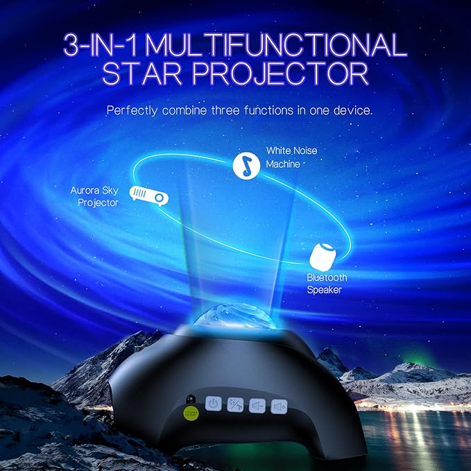 Northern Galaxy Light Aurora Projector with 33 Light Effects, Night Lights LED Star Projector for Bedroom Nebula Lamp, Remote Control, White Noises, Bluetooth Speaker for Parties, Jet Black