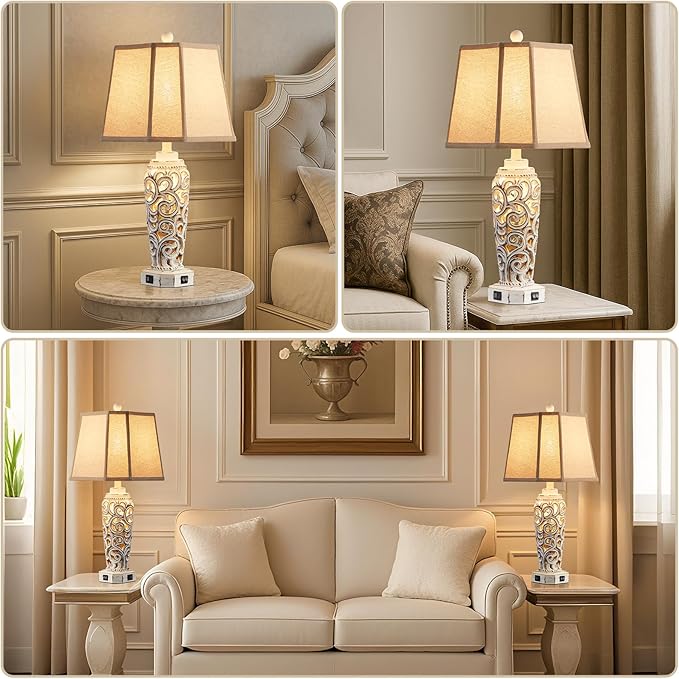 27" Rustic Table Lamps Set of 2 for Living Room with USB A+C Ports, Vintage Nightstand Bedroom Lamp with Hollow Nightlight