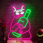 WLHOPE Beer Cat Neon Sign for Wall Decor Adjustable LED Lights Decorations with Dimmable Pink Cute Cat for Bar Kitchen Restaurant Man Cave Birthday Parties