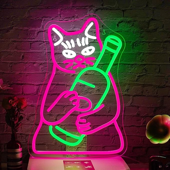 WLHOPE Beer Cat Neon Sign for Wall Decor Adjustable LED Lights Decorations with Dimmable Pink Cute Cat for Bar Kitchen Restaurant Man Cave Birthday Parties