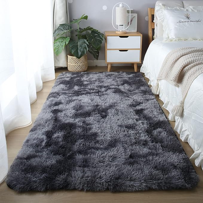 CAIYUECS Shag Area Rug,Indoor Ultra Soft Plush Rugs for Bedroom Living Room, Non-Skid Modern Nursery Faux Fur Rugs for Kids Room Home Decor (Tie-Dyed Dark Gray, 4x6 Feet)