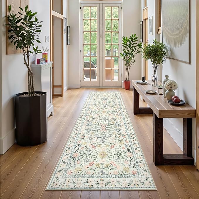 Wonnitar Washable Rug Runner 2'6''x8', Boho Floral Hallway Runner Rug 8ft Long Carpet for Bedroom, Soft Non Slip Ultra-Thin Beige Carpets for Bathroom Kitchen Bedside