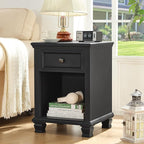 Farmhouse Side Table with Charging Station, Rustic Wood End Table with Drawer, Small Nightstand with Open Shelf for Bedroom, End Tables for Living Room, Black