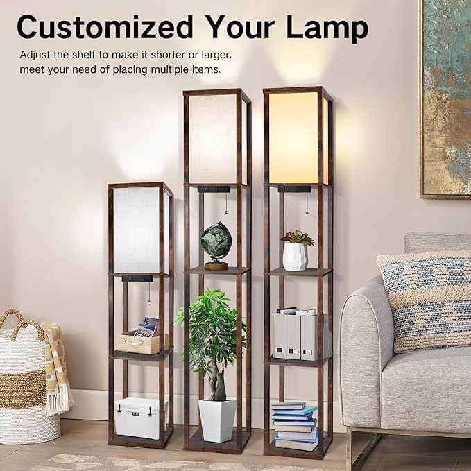 OUTON Floor Lamp with Shelves, Dimmable Shelf Floor Lamp with Remote, 1USB & 1 Type C Ports, 1 Power Outlet, Modern Standing Lamp with 4 Color Temperature for Living Room, Bedroom, Vintage