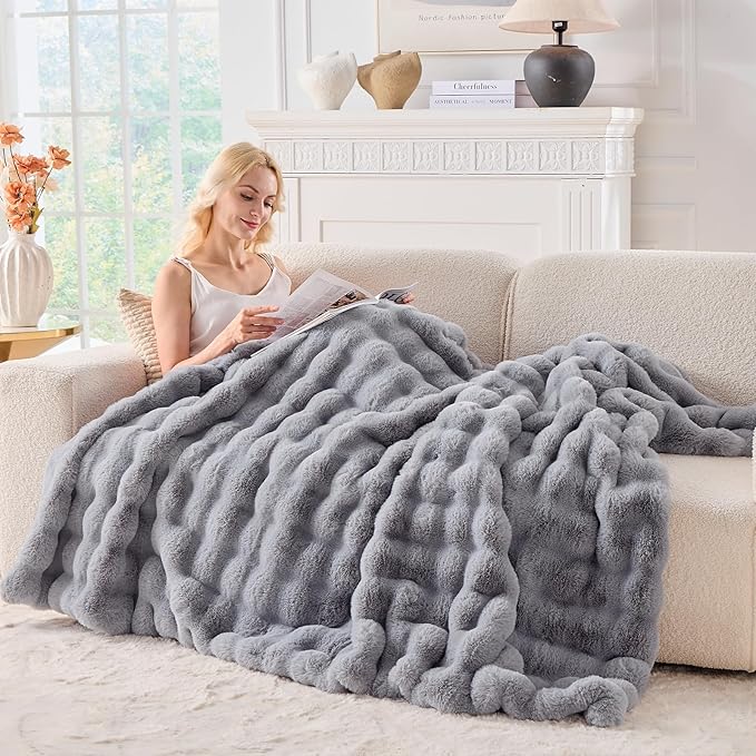BENVWE Fluffy Faux Fur Throw Blanket for Couch, Soft Plush Thick Cozy Fuzzy Luxury Minky Bubble Blanket for Home Living Room Decor Gift for Women, Light Grey, 51" x 63", 1100GSM