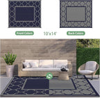 GENIMO 10 ' x 14 ' Outdoor Rug Waterproof for Patio Decor, Foldable Reversible Plastic Straw Area Rugs Mat for Camper, Outside Carpet for Rv, Deck, Porch, Picnic, Beach, Balcony, Blue & Grey