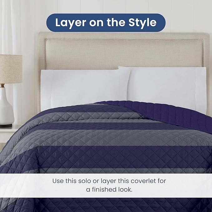 Martex Reversible Coverlet – Full Queen Size Quilt - Lightweight Quilt Full Size– Durable Queen Size Quilts for Bed – Soft - Easy Care Bedding – Rugby Stripe/Navy