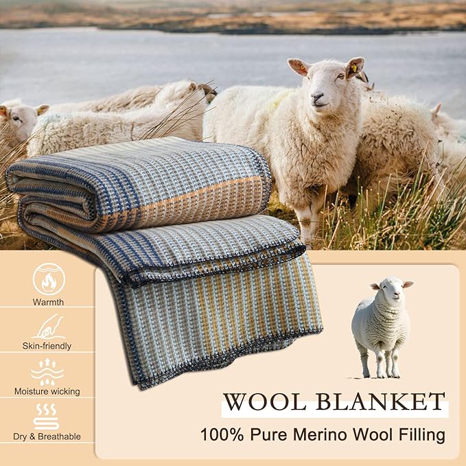YOUR MOON 100% Pure Merino Wool Twin Size, Australian Organic Natural Wool Blanket, Hypoallergenic Wool Blanket for Bed, Medium Weight(Brownish Blue, 90 * 66)