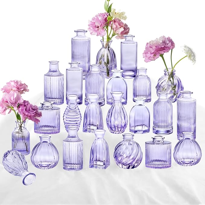 Glass Bud Vases 24 in Bulk, Small Purple Vase Glass Vases for Flowers Modern Ribbed Colored Bud Vase for Decor Wedding Flower Vase in Bulk Vintage Decor Bridal Shower Centerpieces Home Decoration