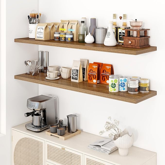 Dreamland 55" Floating Shelves for Wall, 12" Deep Slim Walnut Floating Shelves, Wall-Mounted Shelves for Bedroom, Living Room, Kitchen, Bathroom - Set of 2