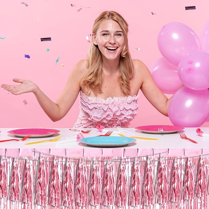 3P Light Pink Foil Fringe Metallic Tassel Streamers Banner Tassel Garland for Parade Floats, Bachelorette, Wedding, Birthday, Halloween, Christmas, Bridal/Baby Shower Party Decorations