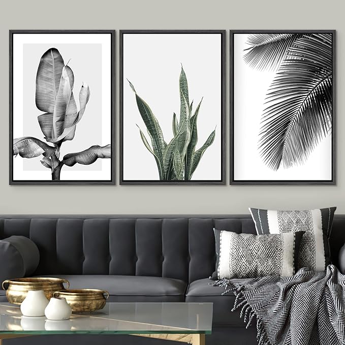 SIGNWIN Framed Canvas Print Wall Art Trio of Jungle Palms & Snake Succulents Floral Plants Photography Modern Art Minimalist Black and White for Living Room, Bedroom, Office - 24"x36"x3 Black