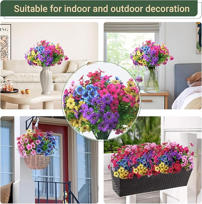 24 Bundles Artificial Flowers for Outdoors & Indoors – UV Resistant Faux Plastic Plants for Garden, Patio, Porch, Window Box, Home Decor – Lush & Vibrant Fake Flowers, Multicolor