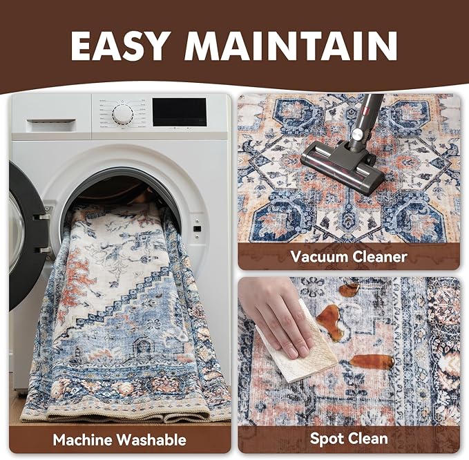 9 x 12 Area Rugs for Living Room Rug Large Washable Area Rug-Carpet Bedroom Dining Room Office Vintage Oriental Medallion Non Slip Soft Blue Rust