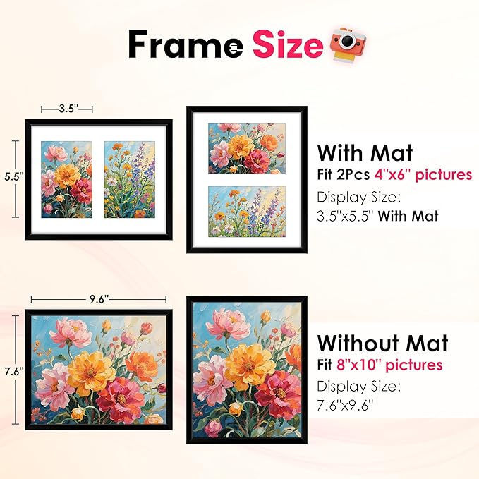 FIXSMITH 8x10 Picture Frames Collage Wall Decor, Display 2 Pcs 4x6 Photos with Mat or 1 Pack 8x10 Picture without Mat, 4x6 Photo Frames Collage for Tabletop or Wall Display, 2 Pack