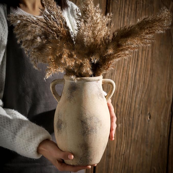 Ceramic Vase with Handles, 9.05 inch Tall Terracotta Decorative Pottery Flower Vase for Home Farmhouse Decor, Dining Table, Living Room, Kitchen, Office