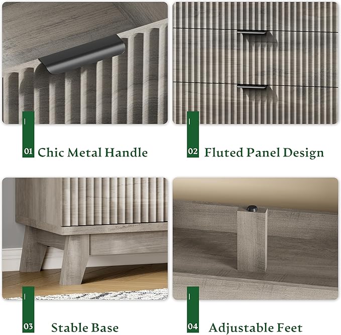 Fluted Dresser with 7 Drawers, 58" Wide Modern Chest of Drawers with Metal Handle, Wooden Dresser TV Stand, Wood Closet Clothes Storage Organizer for Bedroom, Living Room, Hallway, Light Grey