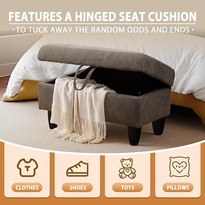 Ottoman Rectangular Storage Ottoman Bench, Flannel Footrest Stool Footstool with Lid for Living Room, Bedroom, Entryway, Dark Gray, 28.5"x19"x17.5"