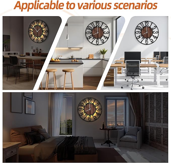LEIKE Large Wall Clocks with Night Light Battery Operated,Silent Non Ticking,Rustic Modern Big Wood Clock for Living Room, Bedroom,Kitchen,Farmhouse,Office,Home Decor-30 Inch(Black-Arabic Number)