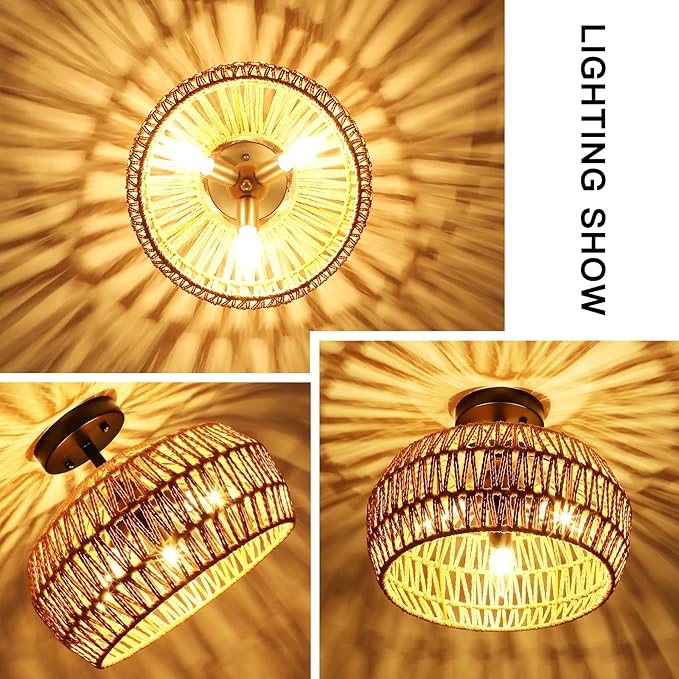 Rattan Light Fixtures Ceiling Mount, 3-Lights Boho Semi Flush Mount Ceiling Light, Farmhouse Woven Ceiling Lighting, Rustic Wicker Chandelier for Hallway Bedroom Kitchen Entryway