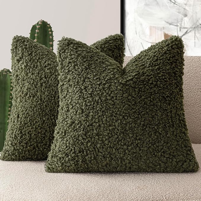 Foindtower 2 Pieces 20x20 Inch Olive Green, Faux Fur Throw Pillow Cover Accent Sherpa Furry Pillow Covers Fuzzy Soft Pillowcases Cozy Sheepskin Decorative Fleece Cushion Case for Bed Couch Living Room