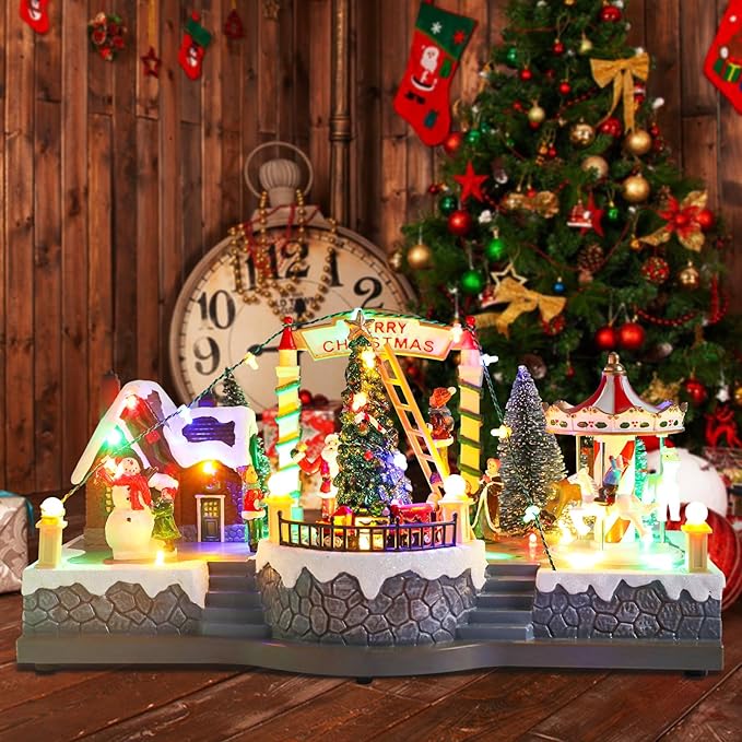 Christmas Village House Musical Christmas Collectible Buildings Rotation Train Carousel Tree in Park with LED Lights Vacation Village with USB Indoor Figurines Indoor Tabletop Decoration