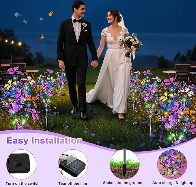 Solar Garden Lights Outdoor Waterproof Garden Decor, 4 Pack Upgraded 240 LED 54 Butterfly Colorful Outdoor Solar Decor for Yard Patio Gifts for Womens Mom (4 Pack Butterfly)