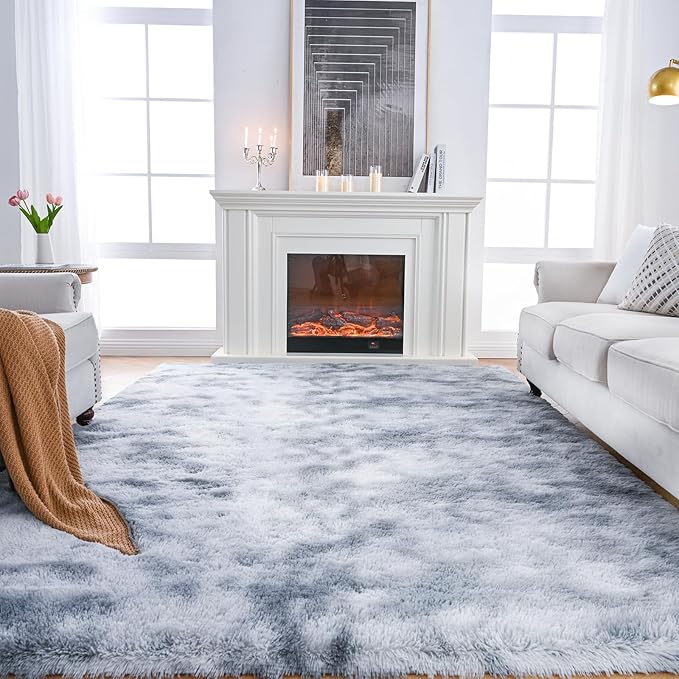 Fluffy Area Rugs for Bedroom 4x6：Grey Plush Area Rug 4x6 - Indoor Modern Shaggy Soft Carpet for Living Room Bedroom Kids Room Nursery (Tie-Dyed Light Gray, 4x6 Feet)