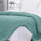 Bigacogo Chunky Knit Throw Blanket for Couch, 40x80 inches, 100% Hand Knitted with Thick Jumbo Chenille Yarn, Cozy Soft Large Rope Knot Cable Crochet Blankets for Sofa Bed Living Room, Light Teal