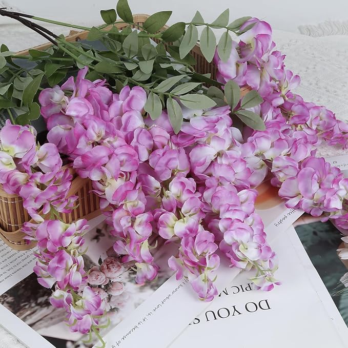 4PCS Artificial Wisteria Hanging Flowers 40'' Tall Lush Fake Wisteria Flowers for Floor Vases Silk Flowers for Wedding Arch Ceremony Window Box Home Garden Backdrop Decoration (Purplish Red)