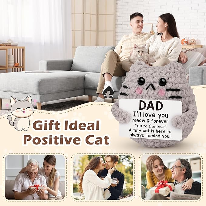 Fathers Day Dad Gifts from Son Daught Wife, Positive Crochet Animal Birthday Gifts for Bonus Dads Step,I Love You Dad Gift Idea,Handmade Emotional Crochet Cat