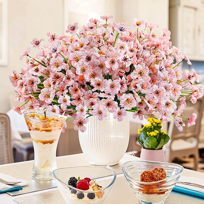 Krissing 48 Bundles Outdoor Artificial Flowers UV Resistant Fake Silk Flowers Faux Plastic Plants Outside Garden Porch Window Box Summer Decoration (Pink)