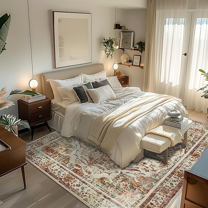 Topllen Washable Area Rug - Area Rug 6'x9' Boho Soft Living Room Rug, Non-Slip Large Area Rugs Indoor for Dining Room Livingroom Bedroom, Vintage Rug (Khaki, 6x9ft)