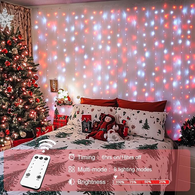 JMEXSUSS 300LED Red and White Christmas Curtain Lights with Remote, 9.8x9.8ft Christmas String Lights Plug in, 8 Modes Twinkle Hanging Fairy Lights for Bedroom Window Wall Porch Indoor Outdoor Decor