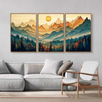 Tinonedraw Large Mountain Framed Canvas Wall Art Set of 3, Boho Nature Forest Wall Decor, Neutral Wooden Pine Trees Artwork, Sunrise Ridge Landscape Art Printing for Living Room Bedroom Office 16"x24"