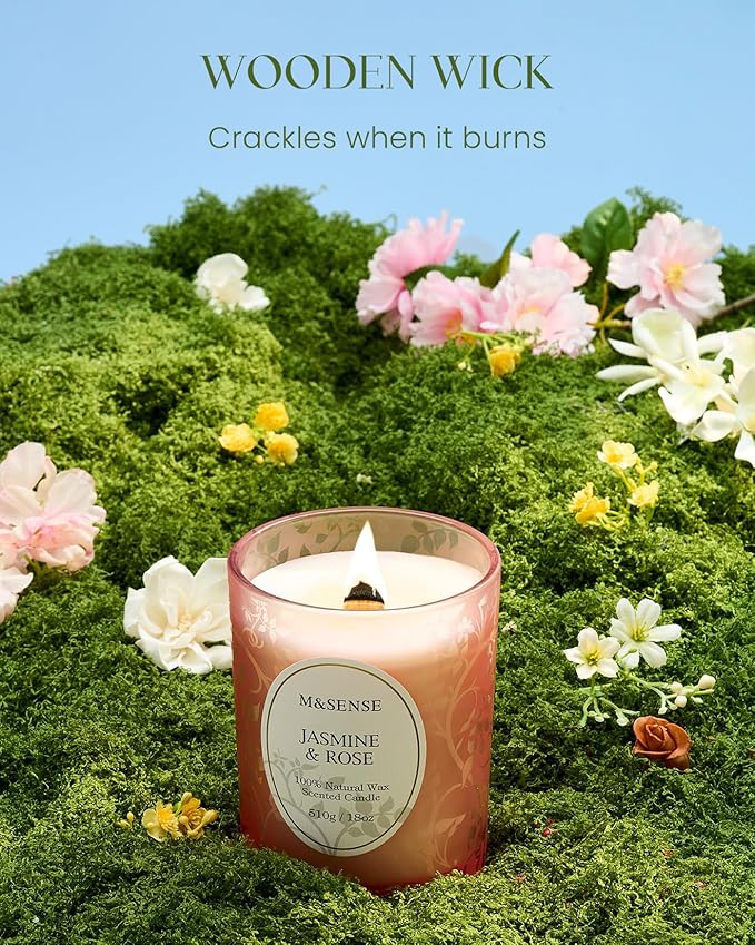 M&SENSE Jasmine Rose Candle, Cracking Wooden Wick Soy Wax, 18oz 100 Hours Long Lasting Clean Burn, Large Jar Candles for Home Scented, Non-Toxic Relaxing Aromatherapy Gifts for Women