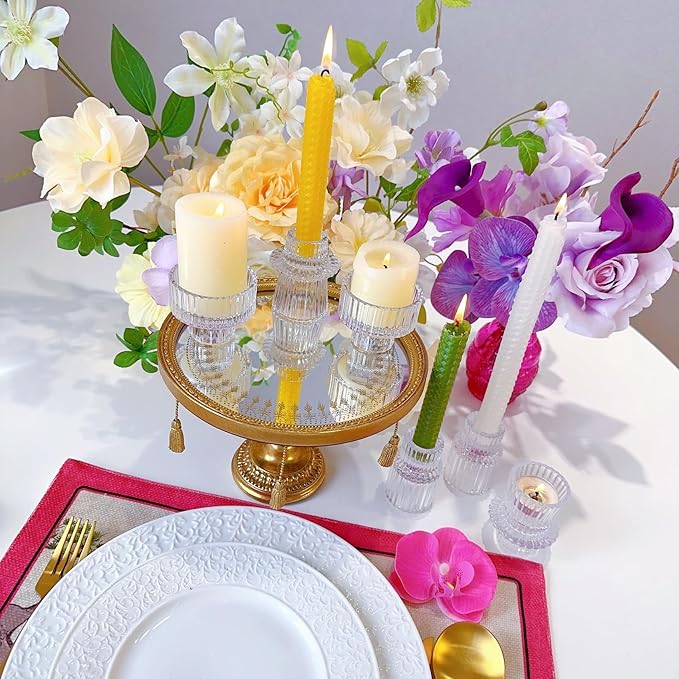 Double Sided Vintage Ribbed Taper Glass Candle Holders,Tea Candle Holder for Table Centerpieces, Wedding Decorations and Dinner Parties (Clear, 6 PCS)