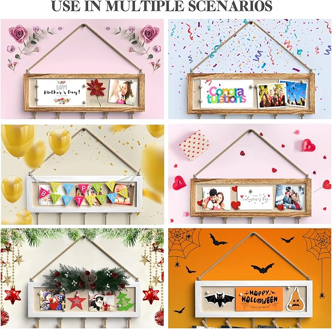 Bikoney Picture Frames Collage Wall Decor Hanging Photo Display Multi Pictures Organizer with Wood Bulletin Board Photo Board 30 Clips and 6 Pushpins for Room (Carbonized Black)