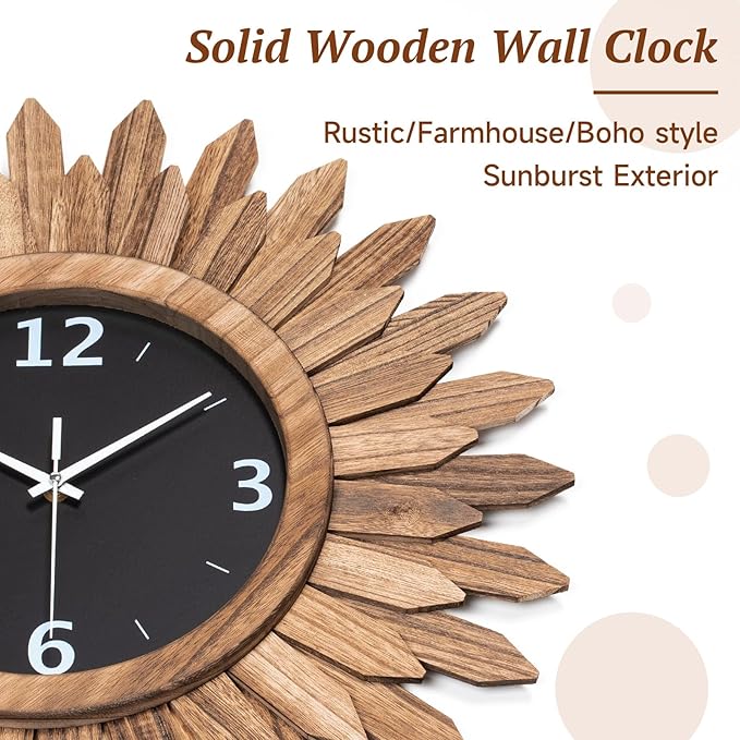 Honiway Large Wall Clock Battery Operated 21 in Rustic Wood Boho Sunburst Decorative Wall Clock Silent Non Ticking Farmhouse Wall Clocks for Living Room Bedroom Kitchen Bathroom Decor (Rustic Brown)