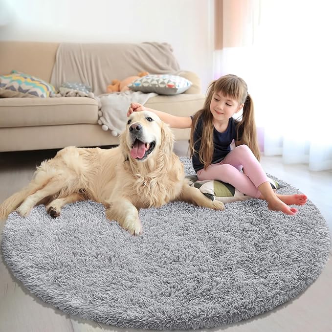 Soft Round Area Rug for Kids Bedroom, Fluffy Fuzzy Shaggy Rug 3'X3'for Living Room, Non Slip Circle Plush Rug for Girls Room Nursery Dorm Decor,Light Grey